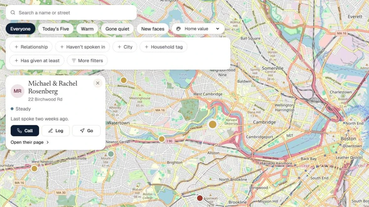 The DAAS community map with household pins and one fictional household open, with Call, Log and Go