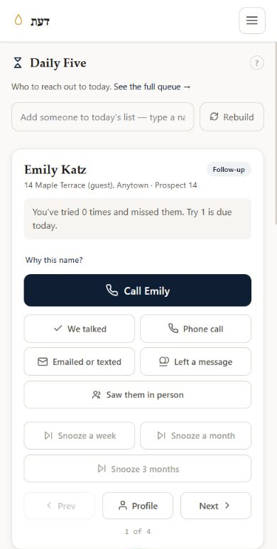 Current DAAS mobile Daily Five with fictional contacts and call and log controls